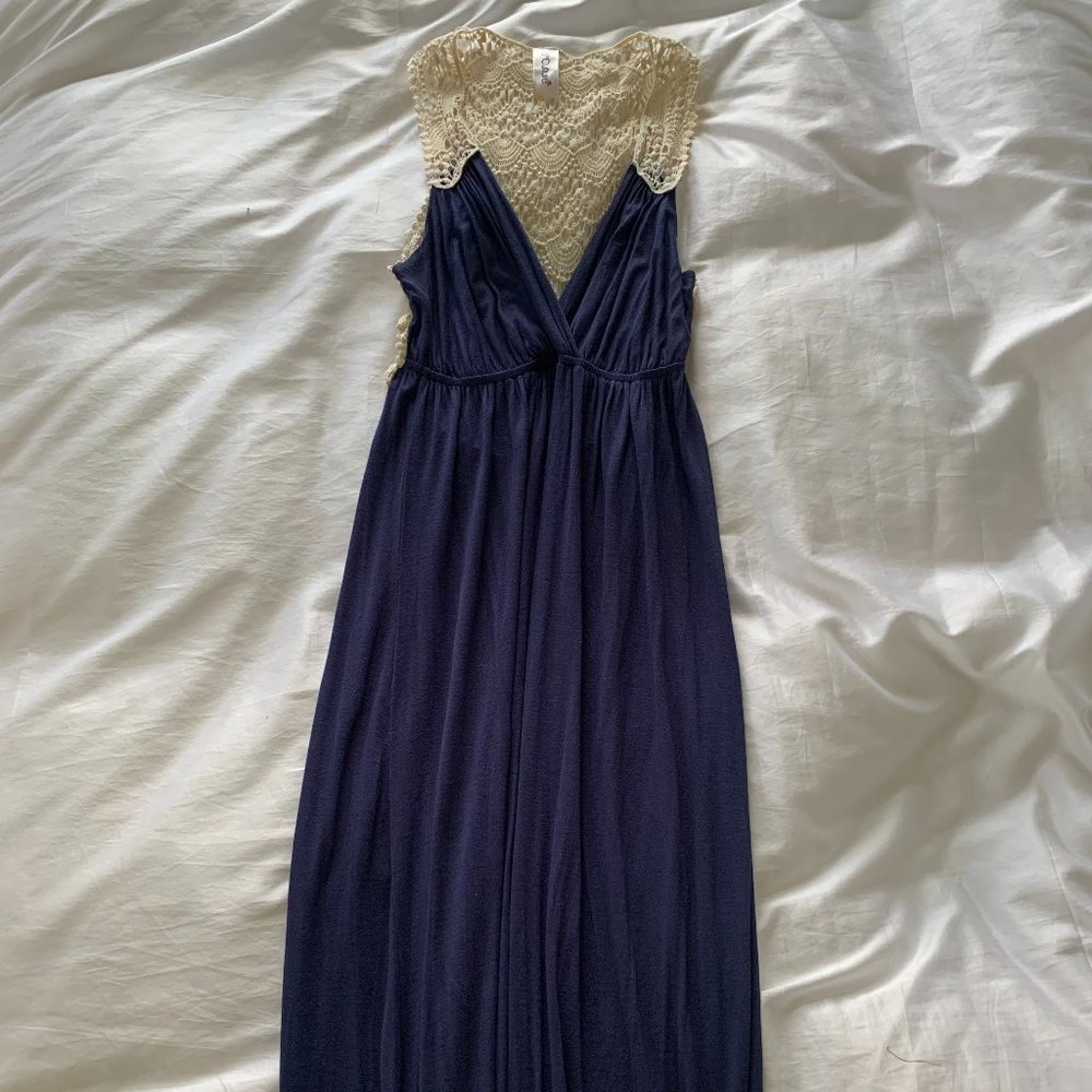 Aqua Navy and Crochet Maxi Dress